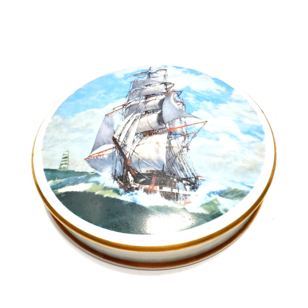 Limoges Covered Trinket Dish Sailing Ship Porcelain 6.5" Made in France